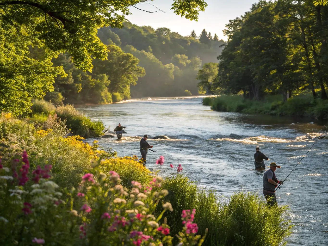A scenic view of fly fishermen casting lines into a clear, flowing river in the Hautes Alpes region, surrounded by lush greenery and mountains, capturing the essence of a fly-fishing event organized by CPSMHA.