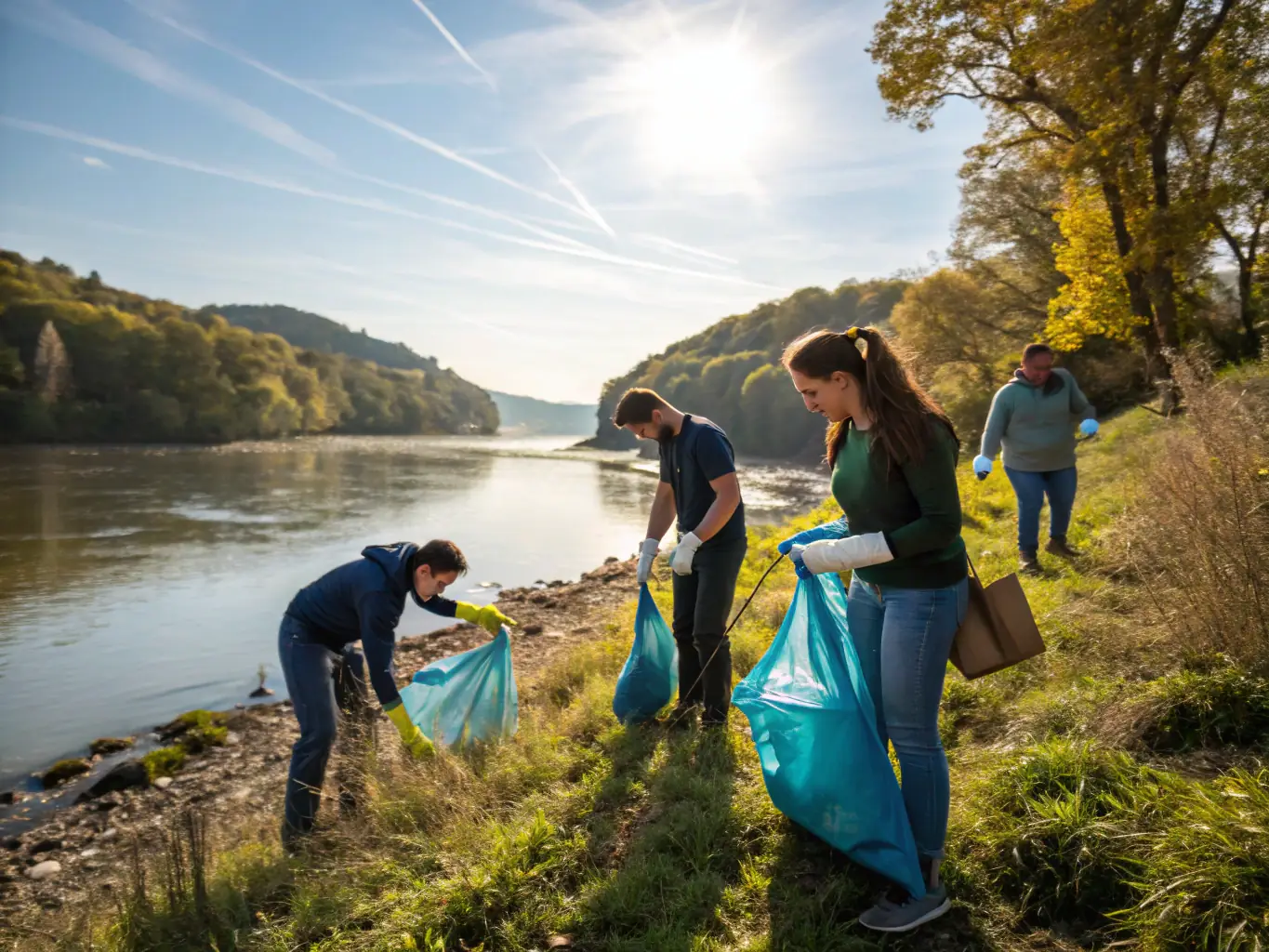 Volunteers cleaning up a riverbank, collecting trash and debris, with the backdrop of a pristine river and forest, illustrating CPSMHA's commitment to environmental protection.