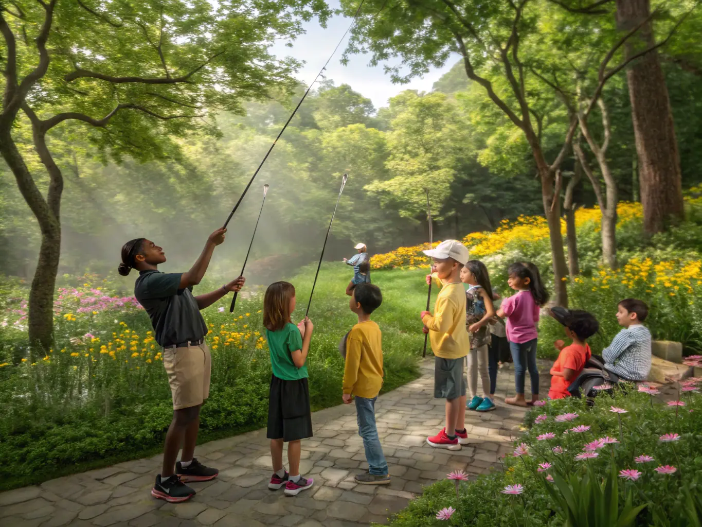 A group of participants learning casting techniques on a well-maintained casting field, with instructors providing guidance and feedback, showcasing a skill development initiative by CPSMHA.